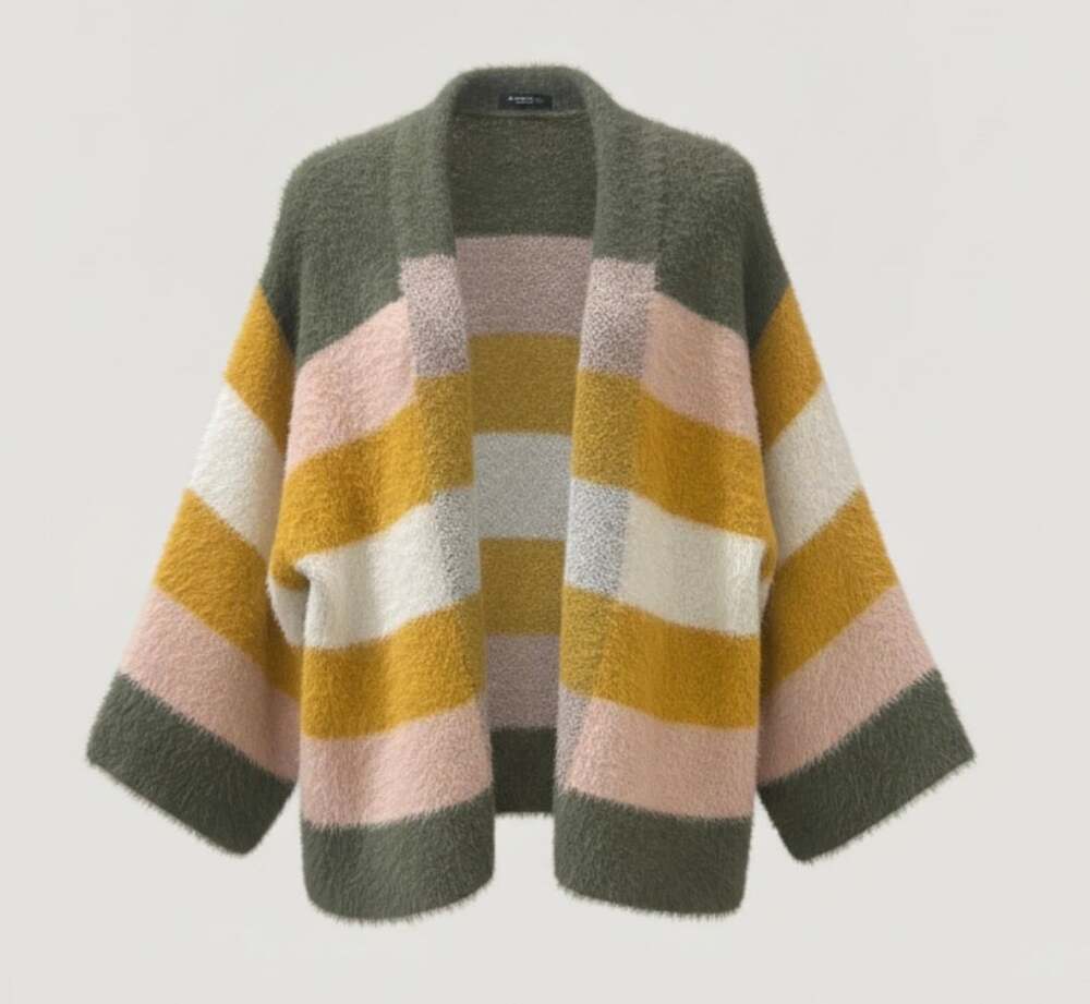 Do everything in Love Striped Cardigan One Size Green Pink Yellow Fuzzy